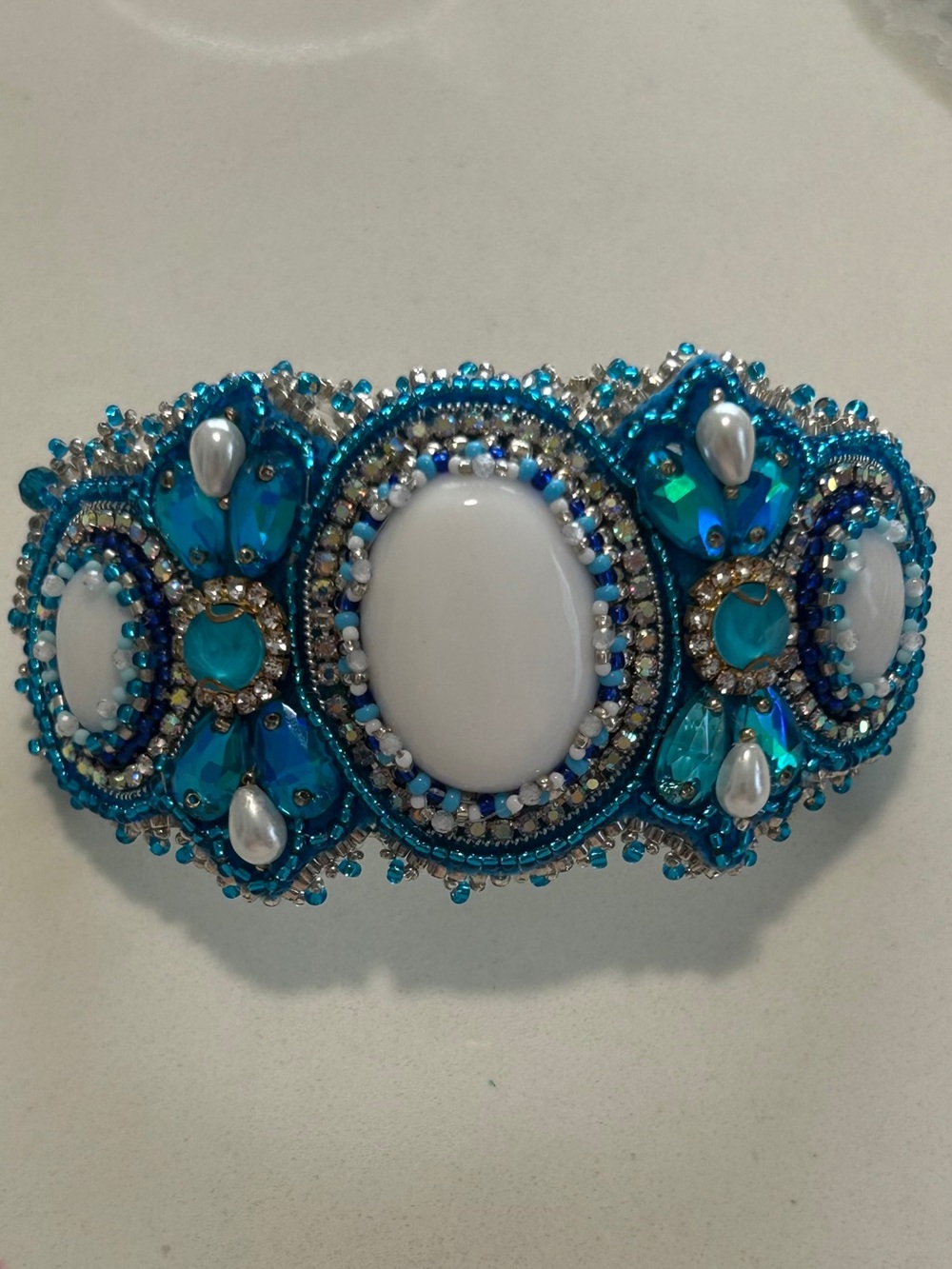 Handcrafted Turquoise Beaded Statement Bracelet with White Cabochons